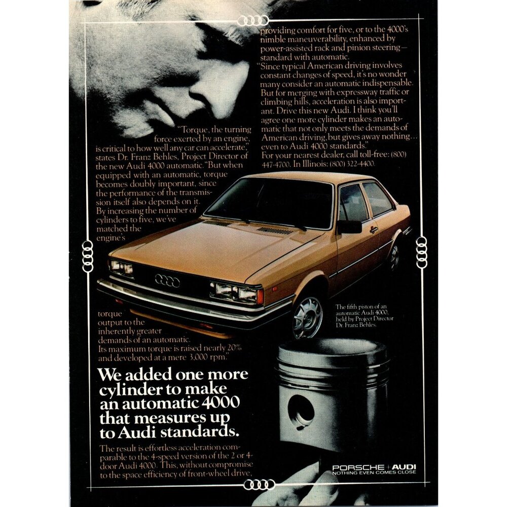 1980 Audi 4000 2 Door Sedan Vintage Print Ad Piston Head 5 Cylinder 80s Wall Art